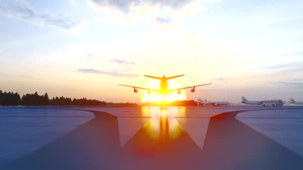 상승하는 태양쪽으로 날아가는 비행기 — 비디오