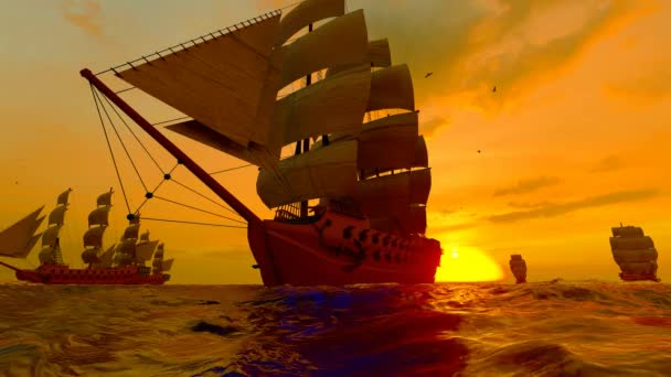 朝焼けの海を航海する古代の帆船 — ストック動画