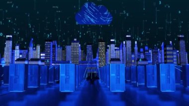 Server data uploading to cloud in city data center.