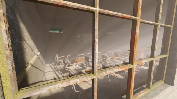 錆びた窓を通して老朽化した教室と日光 — ストック動画