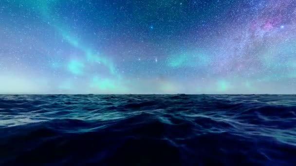 Gece Deniz Yıldızlı Gökyüzü Kuzey Işıkları Parlıyor — Stok video