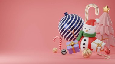 3D görüntüleme, Noel ve Yeni Yıl Arkaplanı, yıldızlı pembe Noel Ağacı, baston şekeri ve hediyeler.