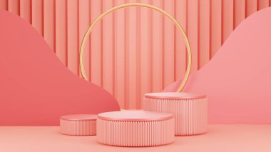 3d rendering,Pink background with three podium for place goods,cosmetics,cartoon model,food,drink or technical tools advertise 3D,Love valentines day concept.