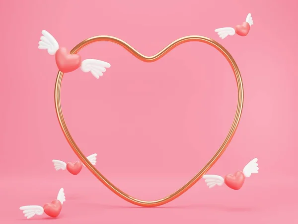 Valentin Nap Szív Alakú Gyűrűk Szív Szárnyakkal Rózsaszín Alapon Stock Fotó
