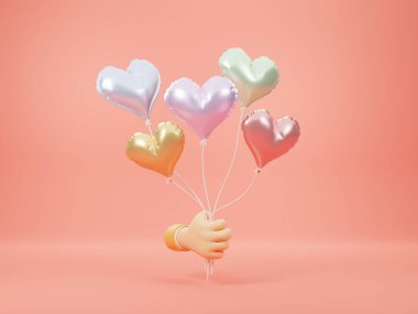 3d render,Hand holding pastel heart shaped balloons on pink background.concept party and valentine day.