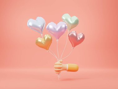 3d render,Hand holding pastel heart shaped balloons on pink background.concept party and valentine day.