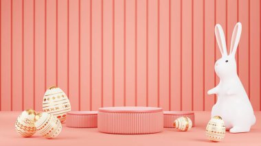 Tavşan çok tatlı bir burun seğirmesi. Pembe arka planda, yumurtalar ürün için podyumu olan en az dekorasyonlar arasında yer alıyor olabilir. konsept Paskalya Günü Hazırlama.