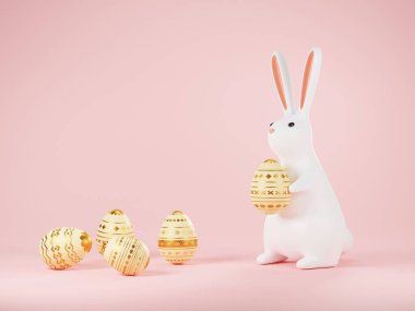 3D görüntüleme, pembe arka planda yumurta tutan bir tavşanın olduğu şirin bir Paskalya resmi. konsept Paskalya Günü.