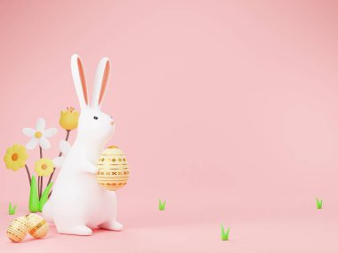 3D görüntüleme, pembe arka planda yumurta tutan bir tavşanın olduğu şirin bir Paskalya resmi. konsept Paskalya Günü.