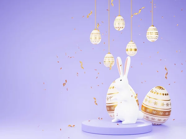 The minimal background was adorned with confetti and Easter eggs, while a playful bunny hopped around.3D render.