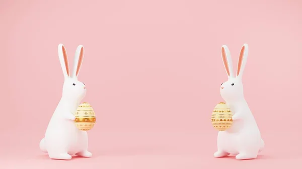 stock image 3D render,a cute Easter image with a bunny holding an egg on a pink background. concept easter day.