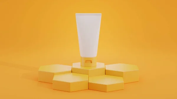 六角形の円筒形の台座の上の製品チューブは 黄色の背景にハニカムのように高く低く配置されています 3Dレンダリング — ストック写真