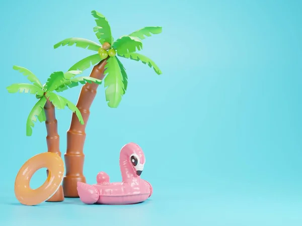 stock image 3d summer Illustration of Swimming Pool Inflatable Rubber Pink Flamingo, Swim Ring and Coconut Tree on the blue background.