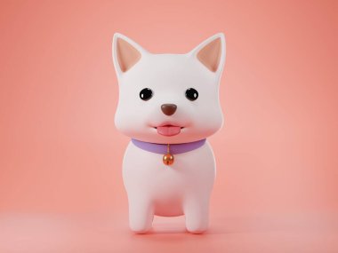 Pembe arka plan 3D renginde mavi yakalı üç boyutlu sevimli köpek yavrusu.