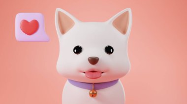 Üç boyutlu çizim. Pembe arka plan. 3D köpek yavrusu. Mavi tasma takan beyaz şirin bir köpek yavrusu..