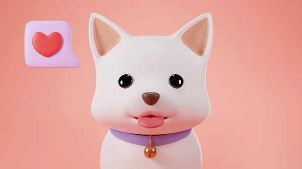 3Dレンダリング ピンクの背景とともに3D子犬かわいい白い色を身に着けています青い犬の襟あなたの心について考える — ストック写真