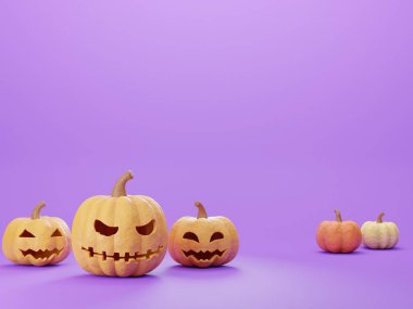 Cadılar Bayramı illüstrasyonunda mor arka planda Jack o fener var, bir Cadılar Bayramı konsepti festivali