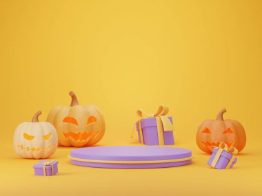 3D Cadılar Bayramı İllüstrasyonunda bir Jack o Lantern, sarı arka planda ürünleri sergilemek için mor podyumlar ve bir Cadılar Bayramı konsepti var. 3 Boyutlu Hazırlama.