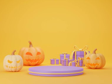 3D Cadılar Bayramı İllüstrasyonunda bir Jack o Lantern, sarı arka planda ürünleri sergilemek için mor podyumlar ve bir Cadılar Bayramı konsepti var. 3 Boyutlu Hazırlama.