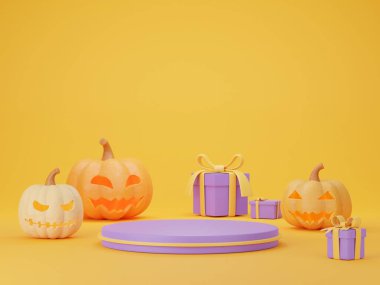 3D Cadılar Bayramı İllüstrasyonunda bir Jack o Lantern, sarı arka planda ürünleri sergilemek için mor podyumlar ve bir Cadılar Bayramı konsepti var. 3 Boyutlu Hazırlama.