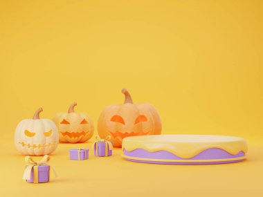 3D Cadılar Bayramı İllüstrasyonunda bir Jack o Lantern, sarı arka planda ürünleri sergilemek için mor podyumlar ve bir Cadılar Bayramı konsepti var. 3 Boyutlu Hazırlama.