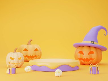 3D Cadılar Bayramı İllüstrasyonunda bir Jack o Lantern, sarı arka planda ürünleri sergilemek için mor podyumlar ve bir Cadılar Bayramı konsepti var. 3 Boyutlu Hazırlama.