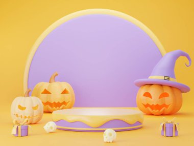 3D Cadılar Bayramı İllüstrasyonunda bir Jack o Lantern, sarı arka planda ürünleri sergilemek için mor podyumlar ve bir Cadılar Bayramı konsepti var. 3 Boyutlu Hazırlama.