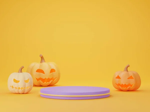 Halloween Illustration Has Jack Lantern Purple Podiums Showcasing Products Yellow — Stock Photo, Image