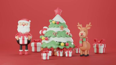 Ren geyiği ve Noel ağacı olan Noel Baba