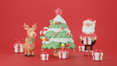 Ren geyiği ve Noel ağacı olan Noel Baba
