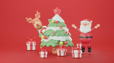 Ren geyiği ve Noel ağacı olan Noel Baba