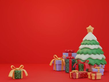 3D illüstrasyon, Mutlu Noeller ve hediye kutusuyla süslenmiş yeni yıl sahnesi ve Noel ağacı..