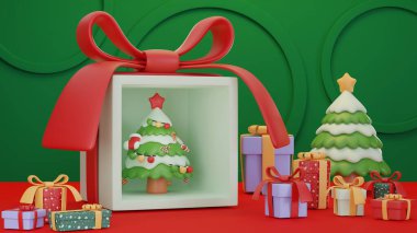 3D illüstrasyon, Mutlu Noeller ve hediye kutusuyla süslenmiş yeni yıl sahnesi ve Noel ağacı..