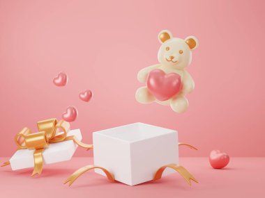 Kalpli pembe arka plan, hediye kutuları ve oyuncak ayı.