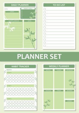 Printable vector planner pages templates. Daily planner, weekly planer, habit tracker, to do list.