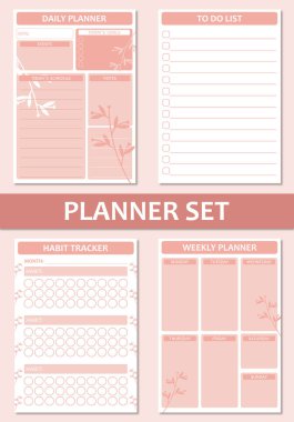 Printable vector planner pages templates. Daily planner, weekly planer, habit tracker, to do list.