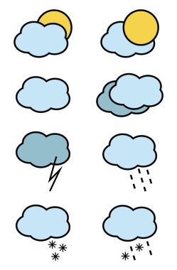 Bir grup mavi bulut. Hava ikonları ayarlandı. Hava tahminleri