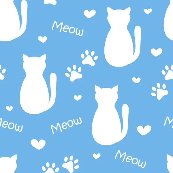 Seamless Pattern Cats Hearts Blue Background — Stock Vector