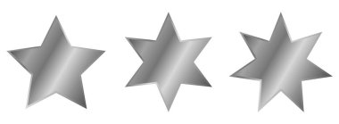 Gümüş yıldız seti. Metal yıldızlar. Yıldız şeklinde vektör düğmeleri