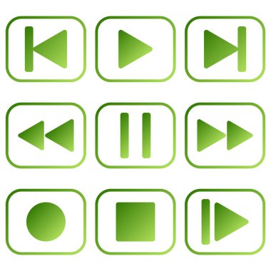 Yeşil müzik çalar düğmeleri. Ortam oynatıcı düğmeleri. Çerçevedeki simgeler. Web vektör illüstrasyonu için düğmeler