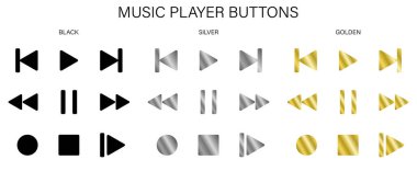 Müzik çalar üç farklı şekilde düğmeler. Siyah, gümüş, altın. Ortam oynatıcı düğmelerinin vektör simgeleri