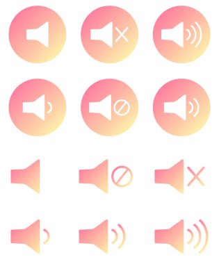 Gradyan renk olarak hacim simgeleri. Ses, video, ses hoparlörü. Vektör simgeleri ayarlandı. Ses denetimi düğmeleri