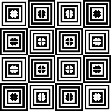 Elementlerle kusursuz desen. Şekiller ve yoncalarla dolu bir arka plan. Vektör siyah ve beyaz