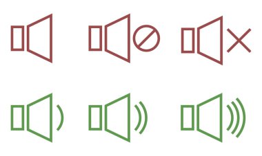 Ses kontrol düğmelerinin taslakları. Kırmızı ve yeşil hacim simgeleri. Ses, video, ses hoparlörü. Vektör simgeleri ayarlandı