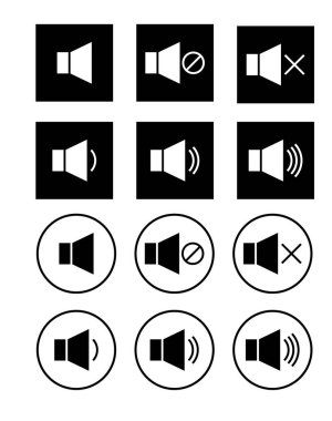 Siyah karelerde beyaz hacim simgeleri. Ses kontrol düğmeleri daire şeklinde. Ses, video, ses hoparlörü. Vektör simgeleri ayarlandı