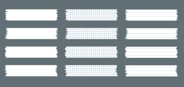 Kağıt çarşaf takımı. Albümler için dekoratif kaset parçaları. Washi kaset koleksiyonu vektör olarak. Yırtılmış kağıt. Hücredeki bir defterden yırtılmış kağıt parçaları.