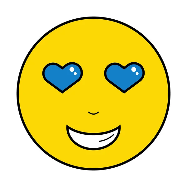 Yellow Cheerful Emoji Blue Heart Eyes Smiley Face Cartoon Character — Stock Vector