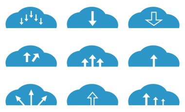 Bulutlar indiriliyor. İnternet ve iş için bir takım ikonlar. Okları olan mavi vektör bulutları. Gökyüzü, doğa