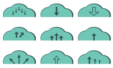 Bulutlar indiriliyor. İnternet ve iş için bir takım ikonlar. Okları olan yeşil vektör bulutları
