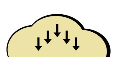 Bulut hesaplama simgesi. Bulut indirme vektörü. Okları olan siyah ve sarı bulutlar. Gönderme düğmesi